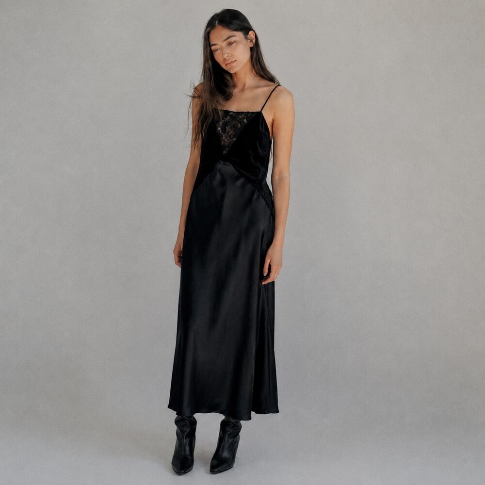 Zara 9726/748/800 Satin Midi/Maxi Dress Womens L Black Combined Sleeveless Lace